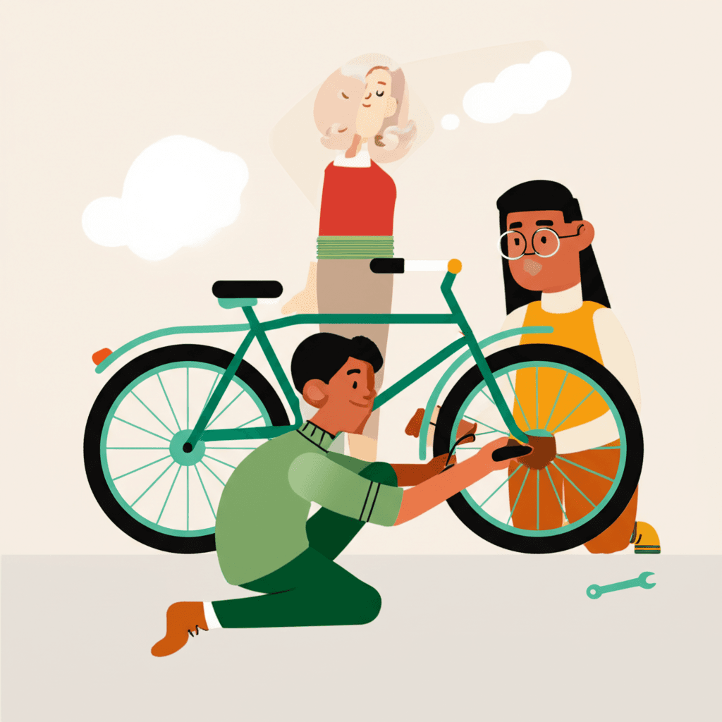 Person adjusting the brakes on a bicycle in a workshop.