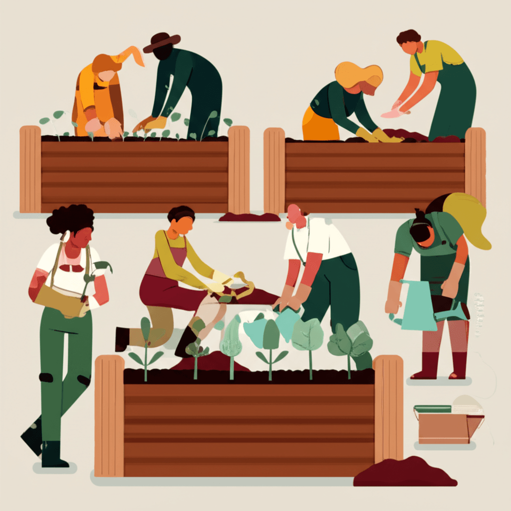 Neighbors collaborating on planting a community garden bed.