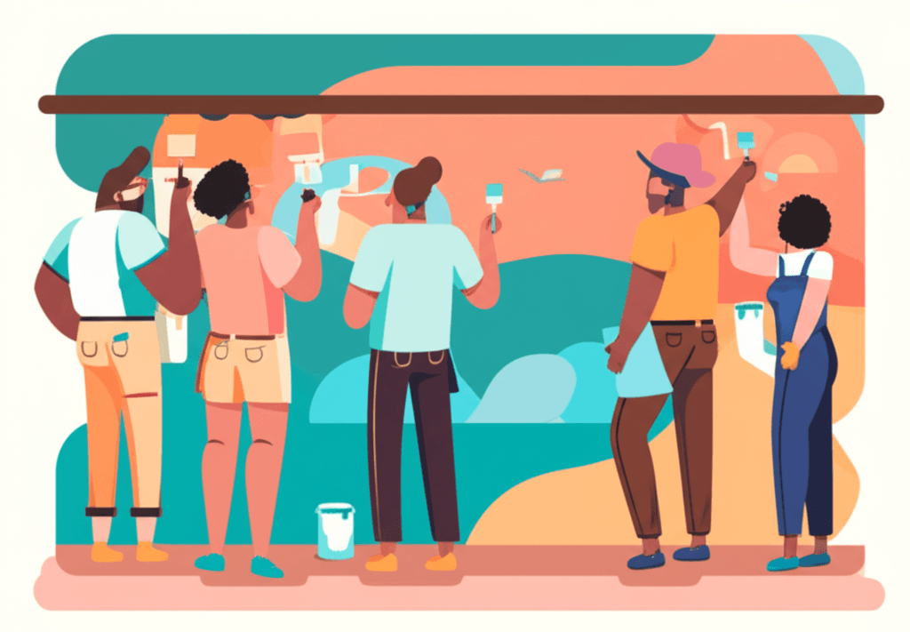 Community members painting a colorful mural together.